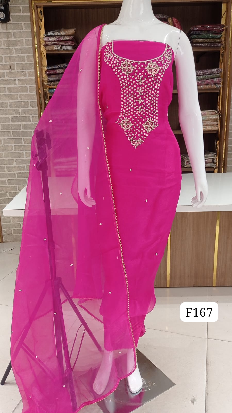 Organza silk unstitched suit pearl work