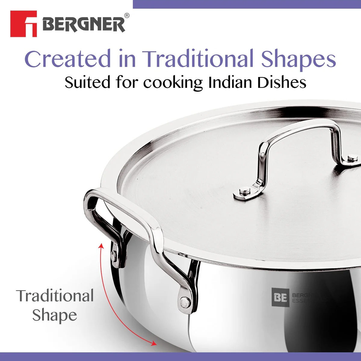 Bergner BE Essentials TriPly Stainless Steel 24 cm Biryani Handi Lid, 8.4 L Biryani Pot