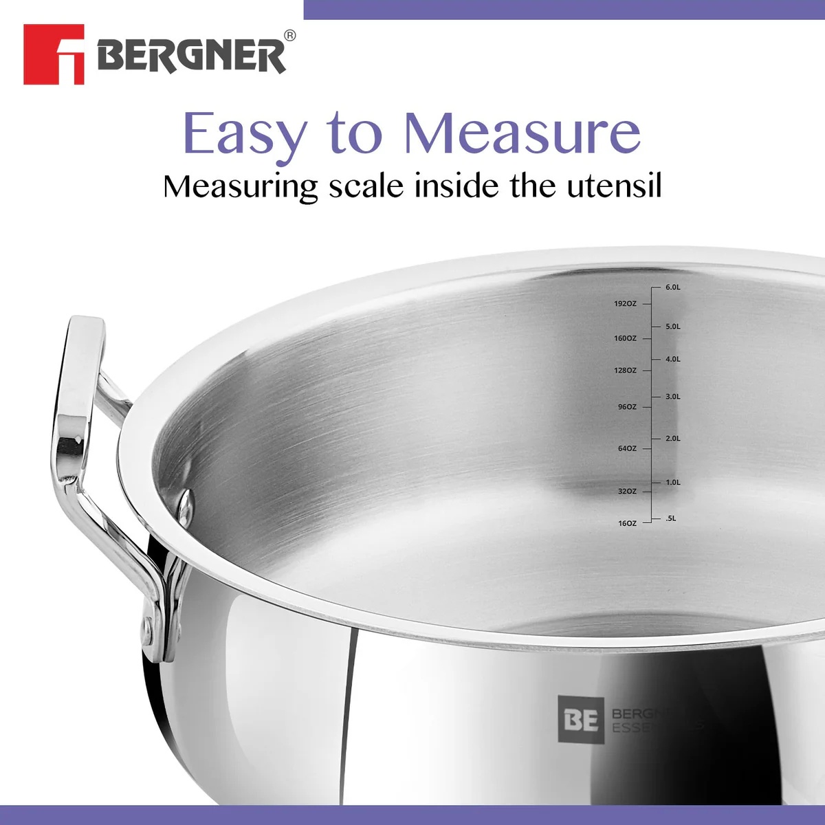 Bergner BE Essentials TriPly Stainless Steel 24 cm Biryani Handi Lid, 8.4 L Biryani Pot