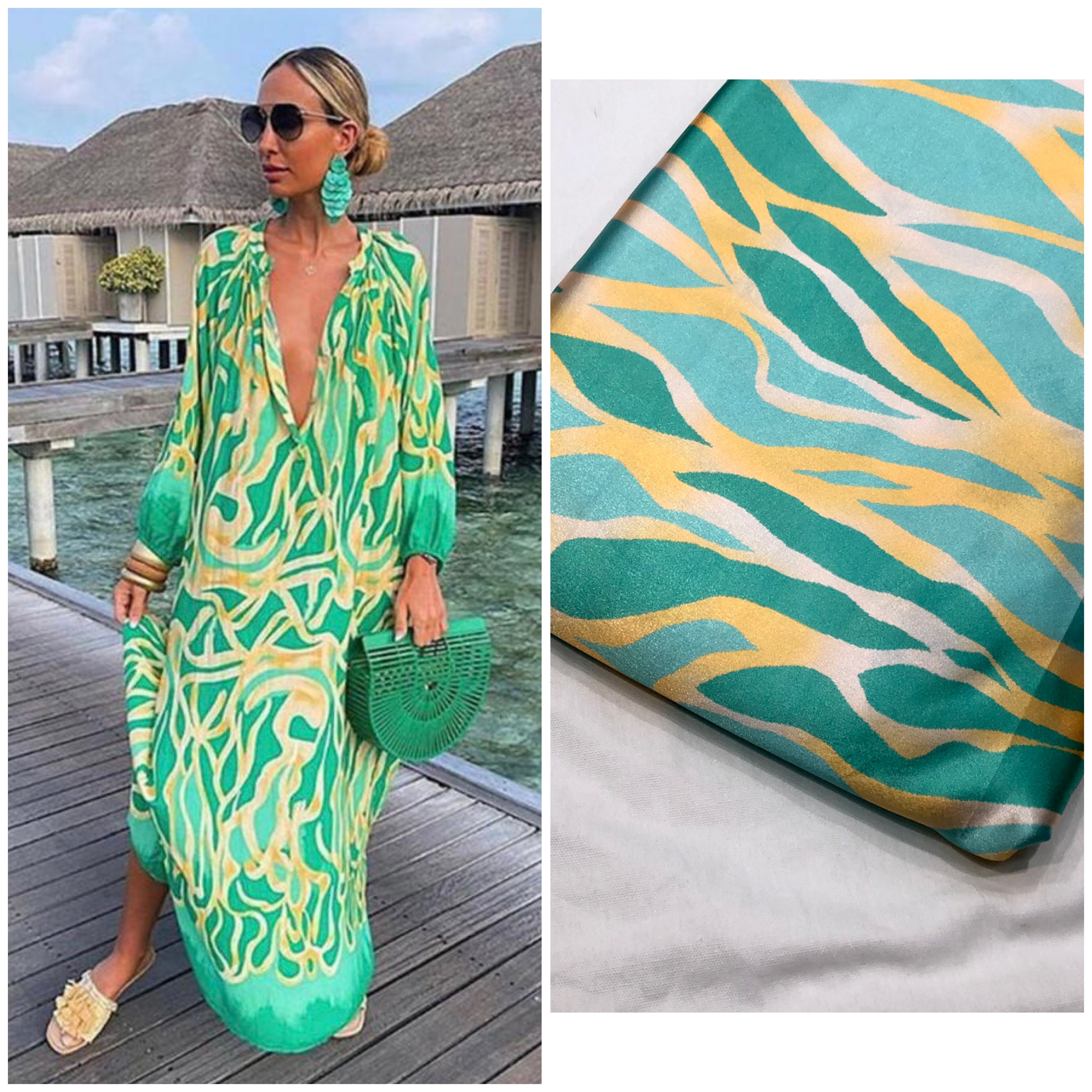 Tropical Green & Yellow Satin Fabric – 44