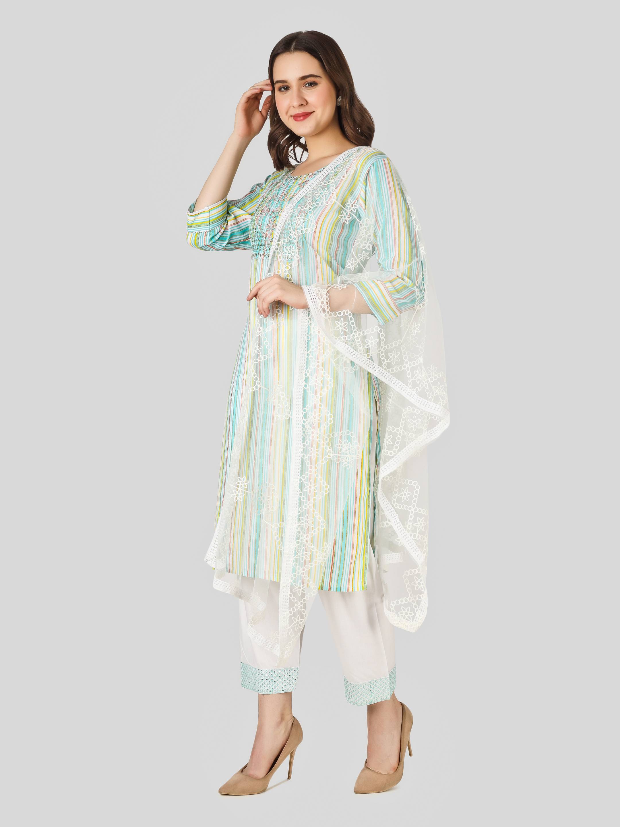 Striped Straight Kurti Set with Dupatta