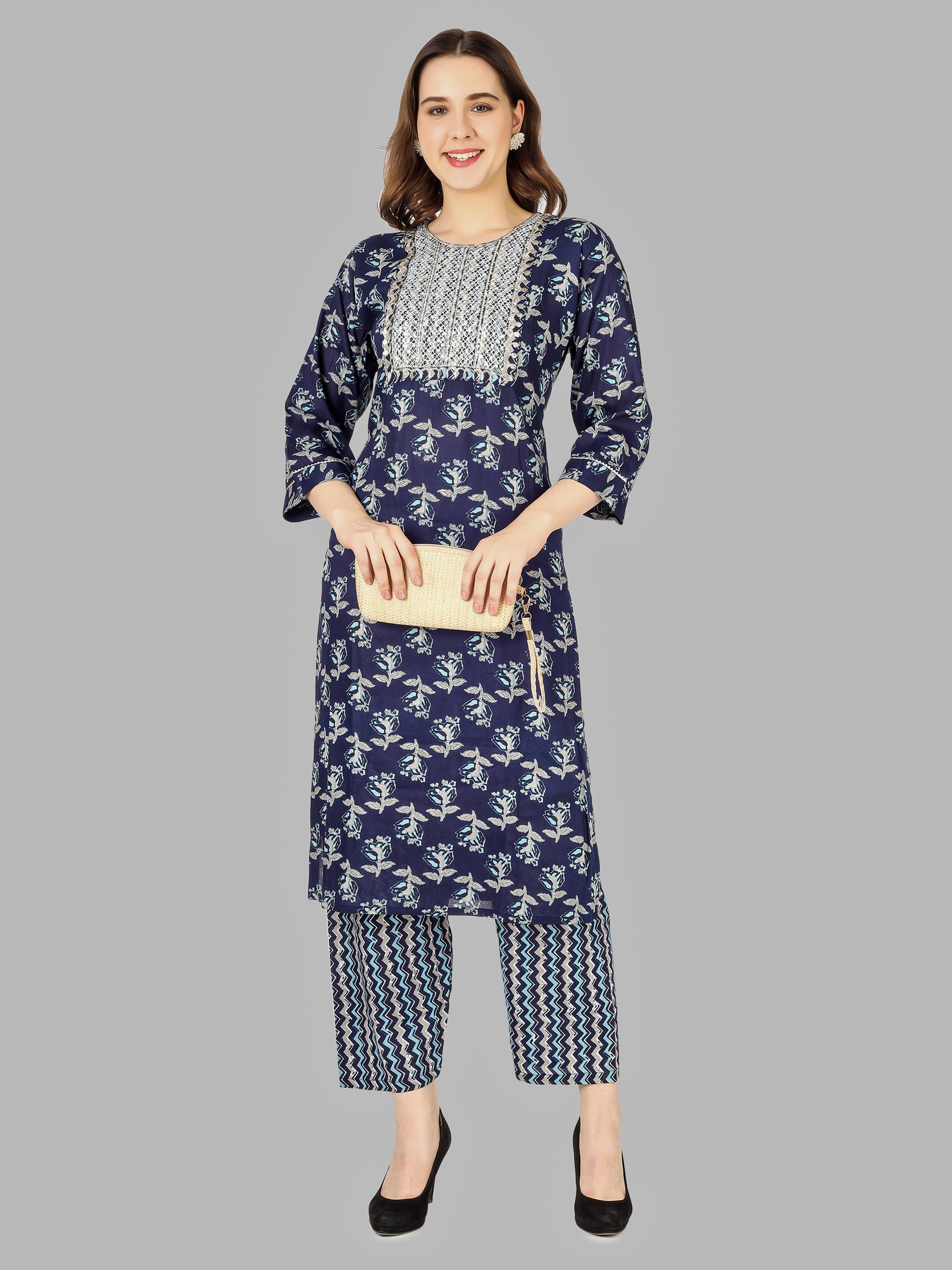 Women Leaf Print Straight Kurti & Pants Navy Blue Set