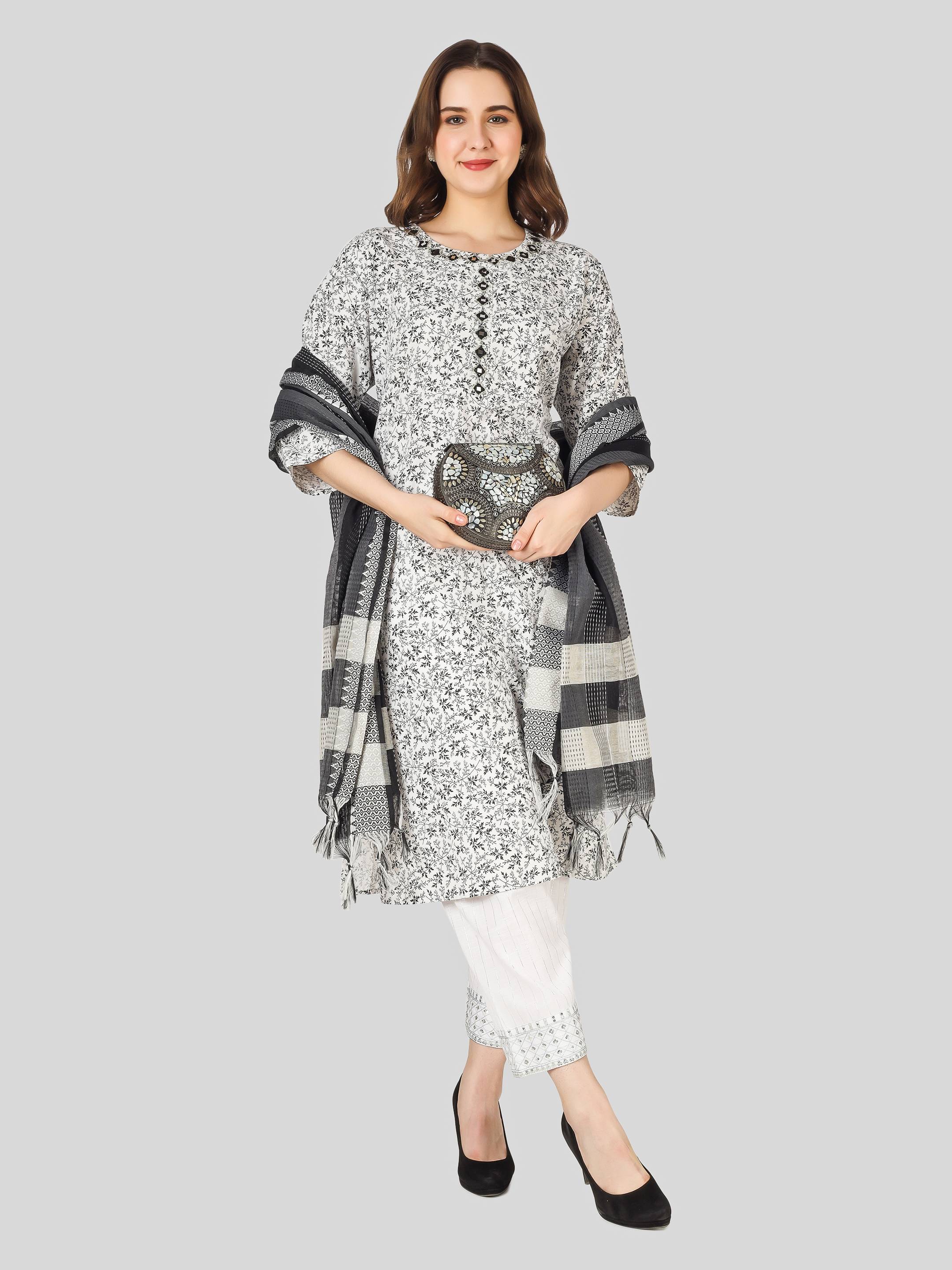 Cotton A-Line Self Design Printed Kurti Set