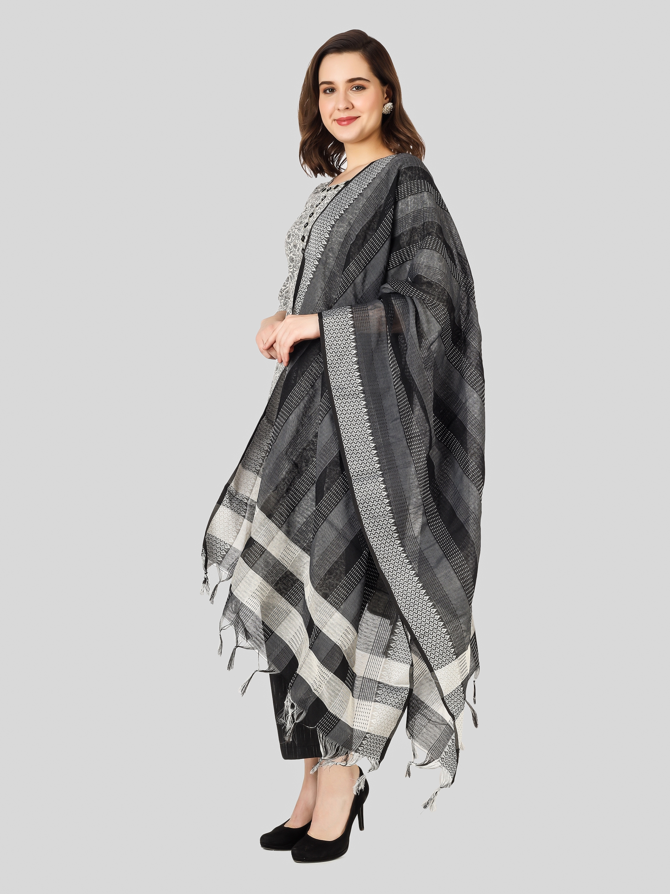 Cotton A-Line Self Design Printed Kurti Set