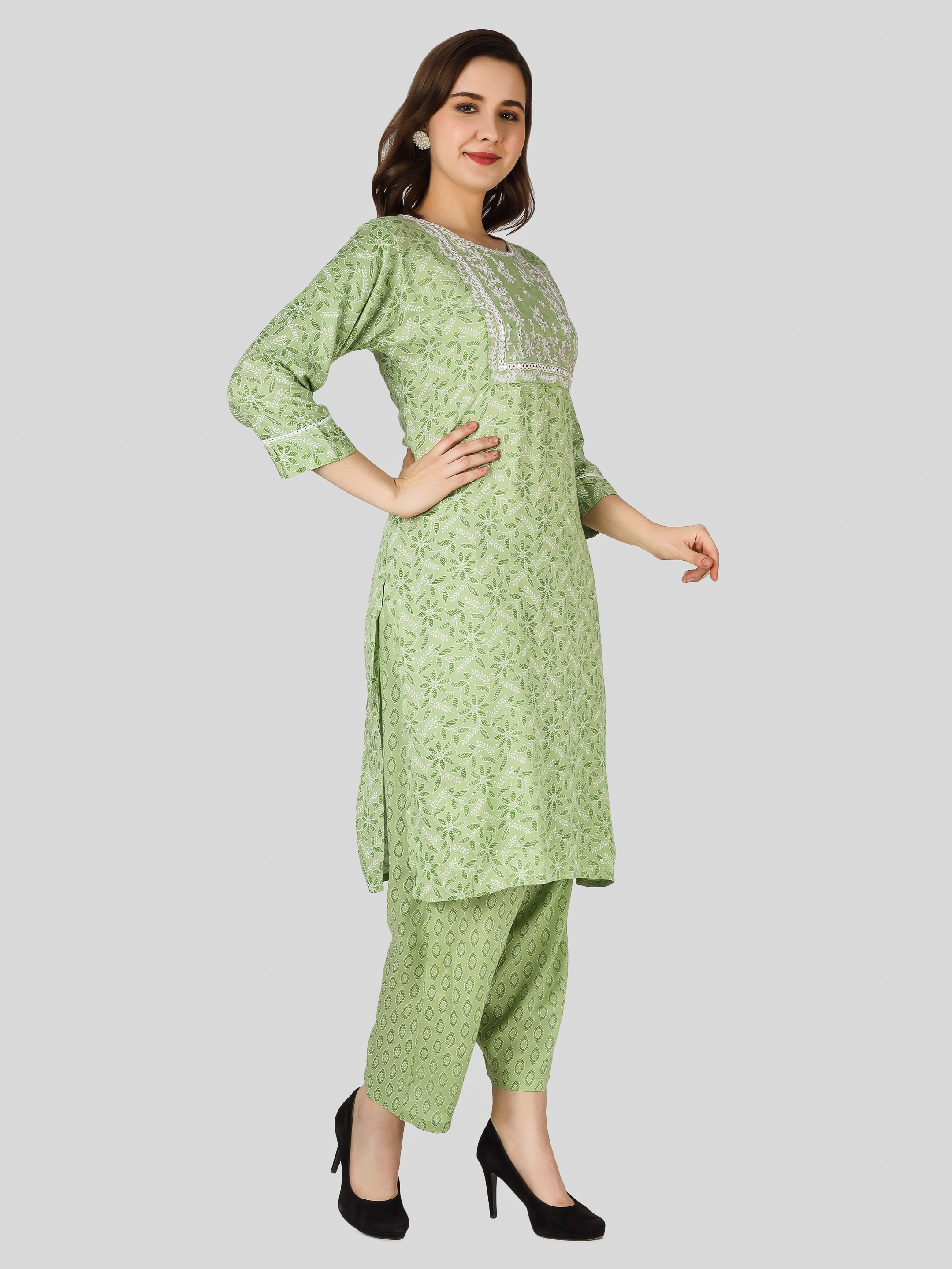 Leaf Print Straight kurti Set for Women Elegant Daily