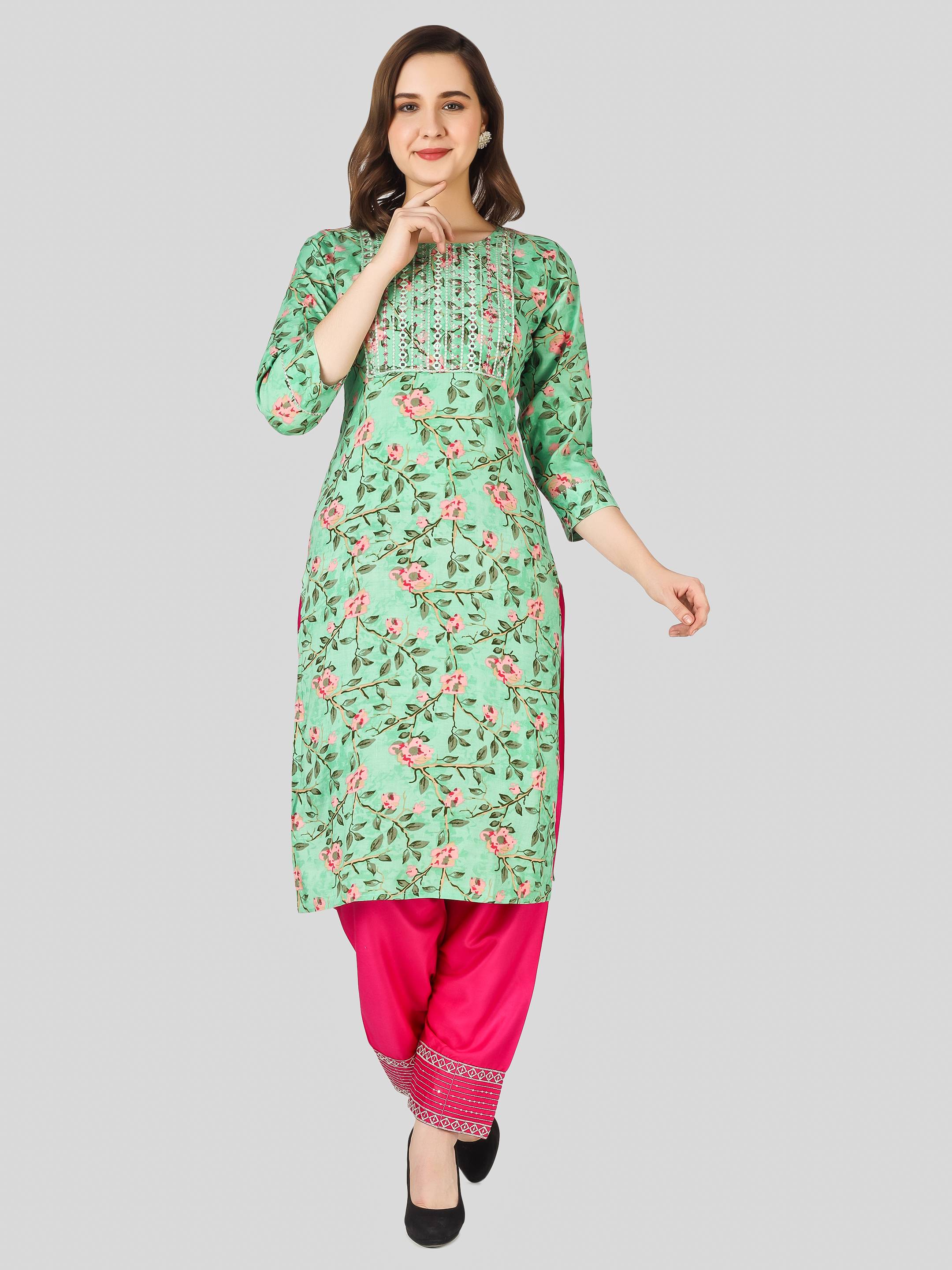 Leaf Print Printed Straight Kurti Set Premium Green printed 