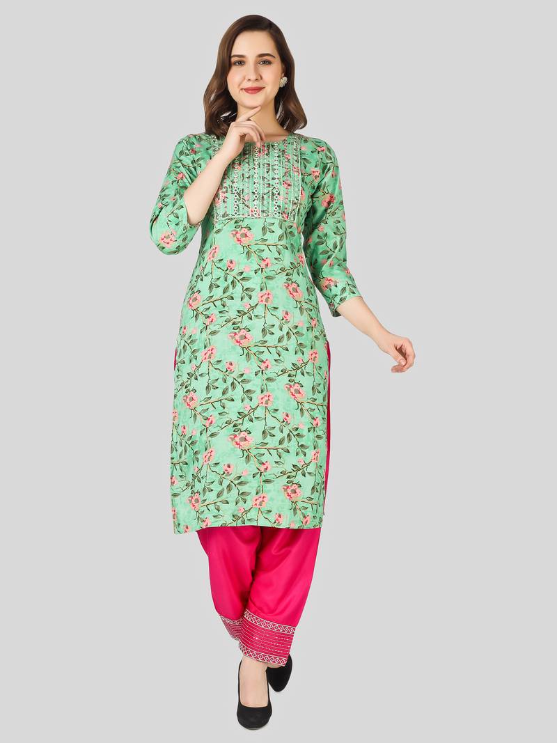 Leaf Print Printed Straight Kurti Set Premium Green printed 