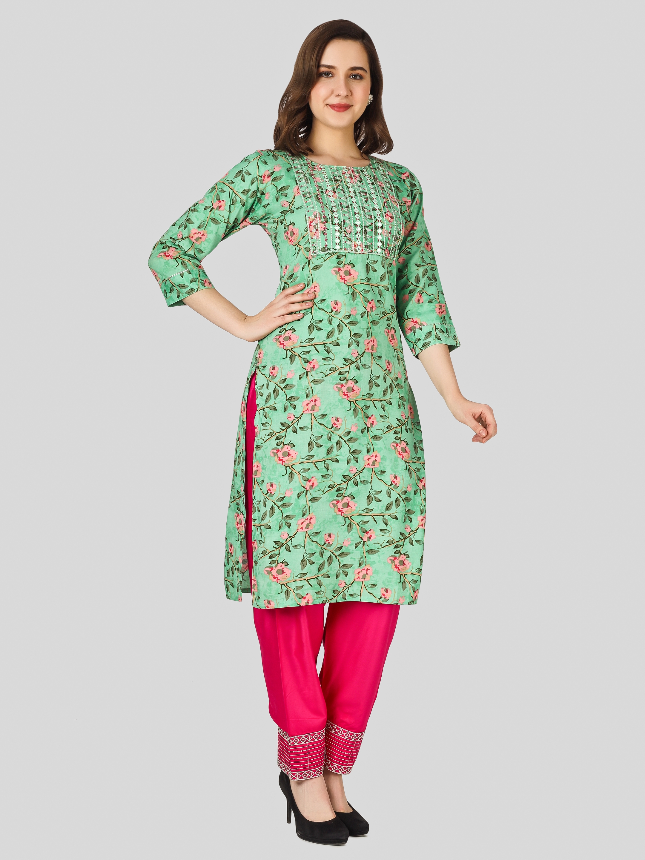 Leaf Print Printed Straight Kurti Set Premium Green printed 