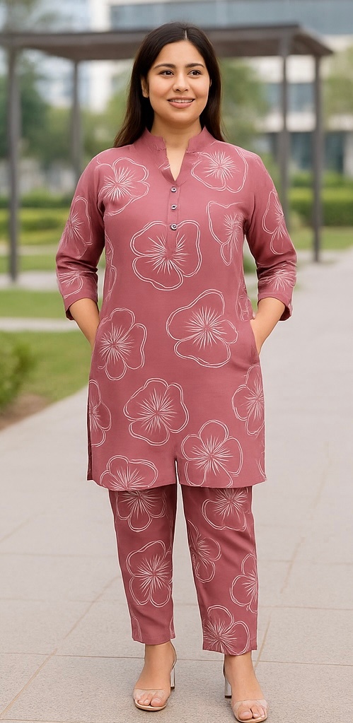 Floral Cotton Kurta Set Mauve pink