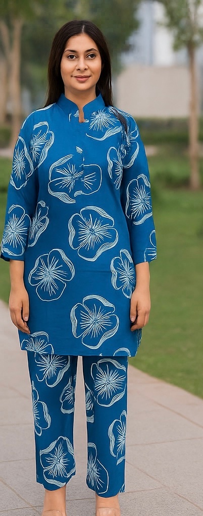 Bold Blue Floral Printed Cotton Kurta Set 