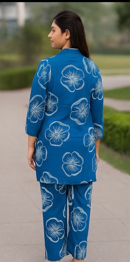 Bold Blue Floral Printed Cotton Kurta Set 