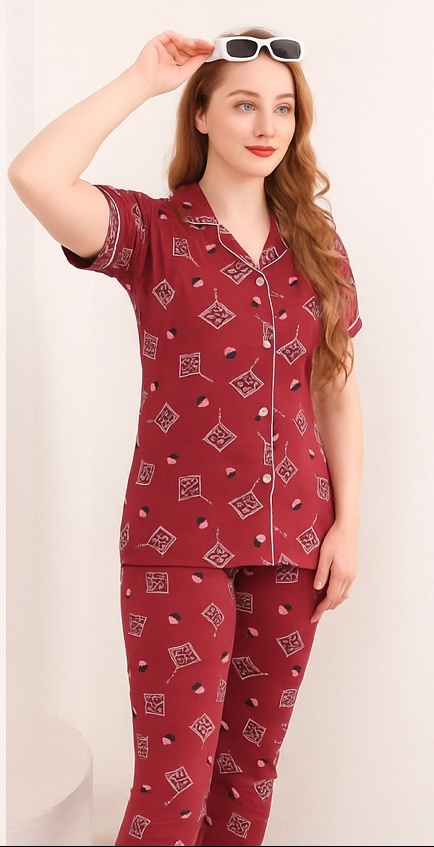 Premium Maroon Printed Lounge Wear