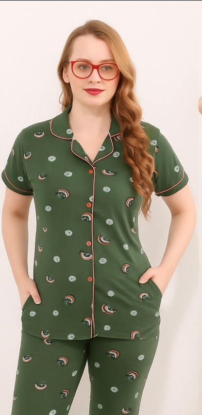  Premium Front Open Green Printed Night Suit