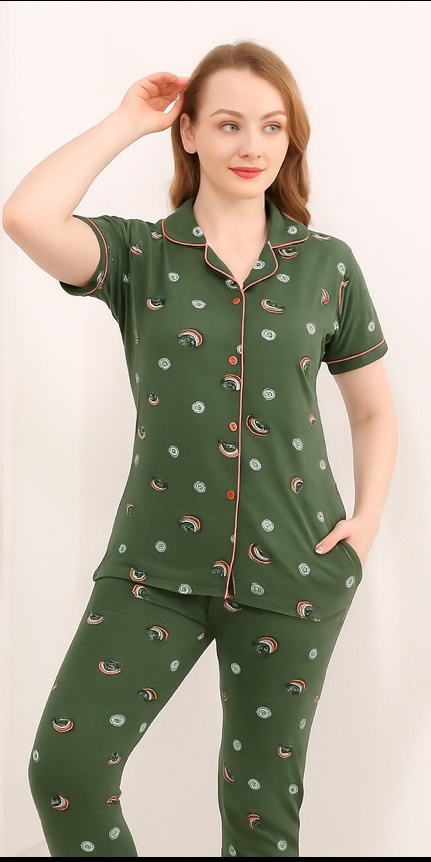  Premium Front Open Green Printed Night Suit