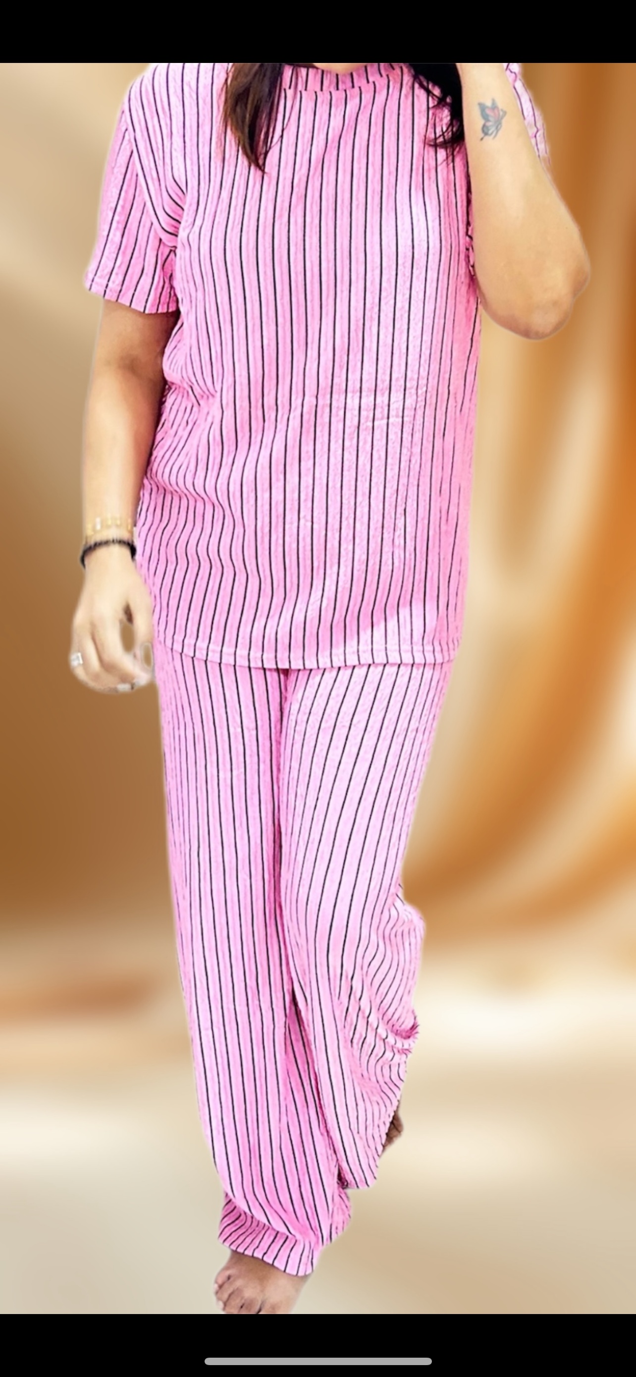 Korean Style Crushed Cord Set – Pink Striped (Imported Fabric)