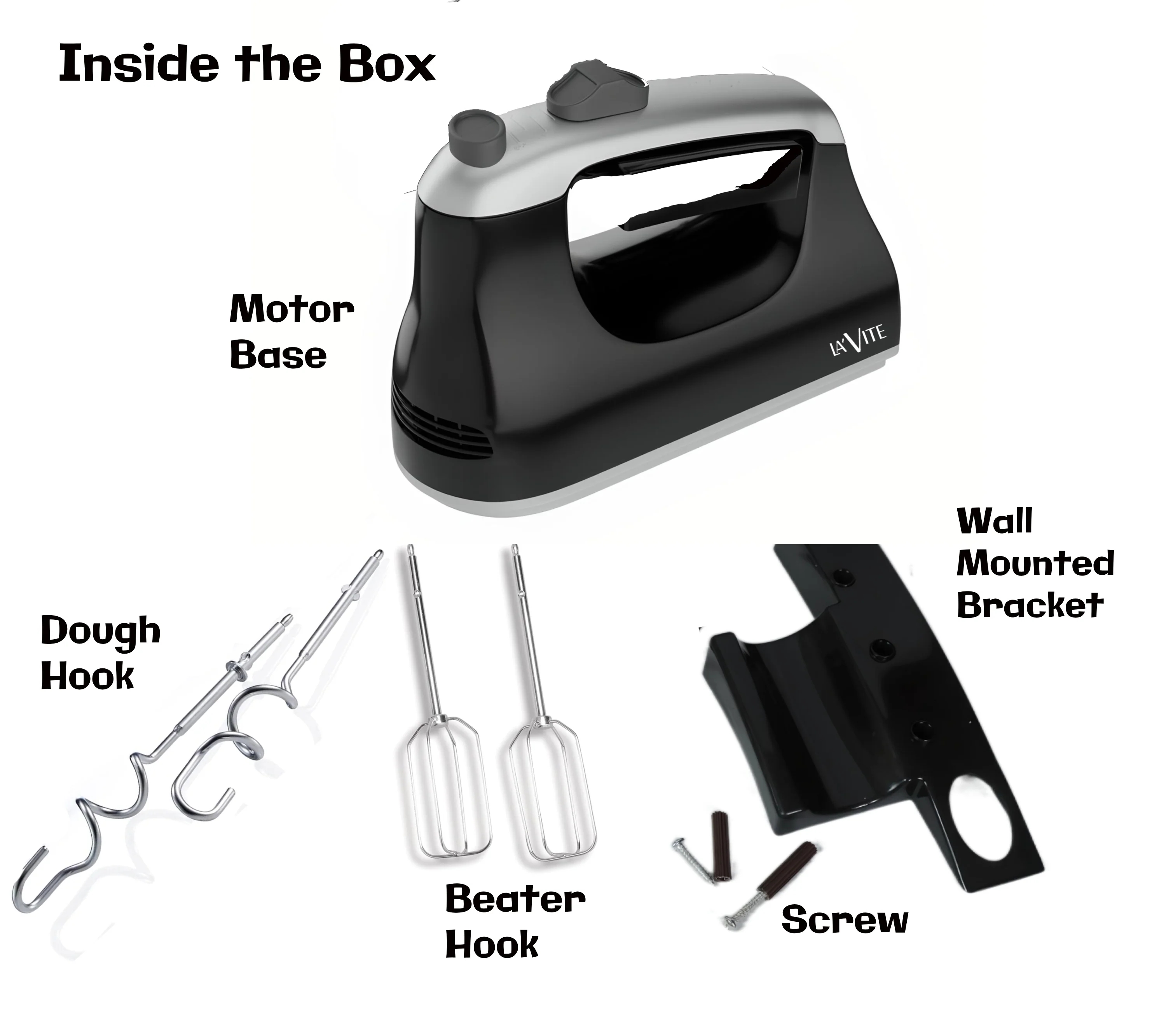 LA' FORTE Hand Mixer 300 W with Dough hook Beater hook and Mounting Bracket
