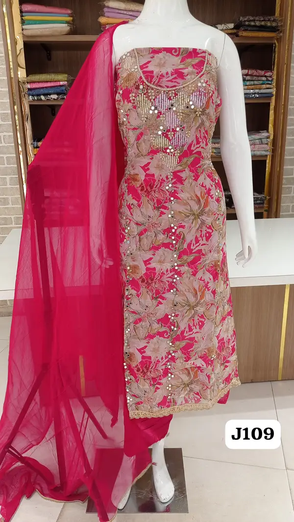 7 DAYS WAITING : Imported  soft organza dress material  party wear suits with beautifull  hand work 