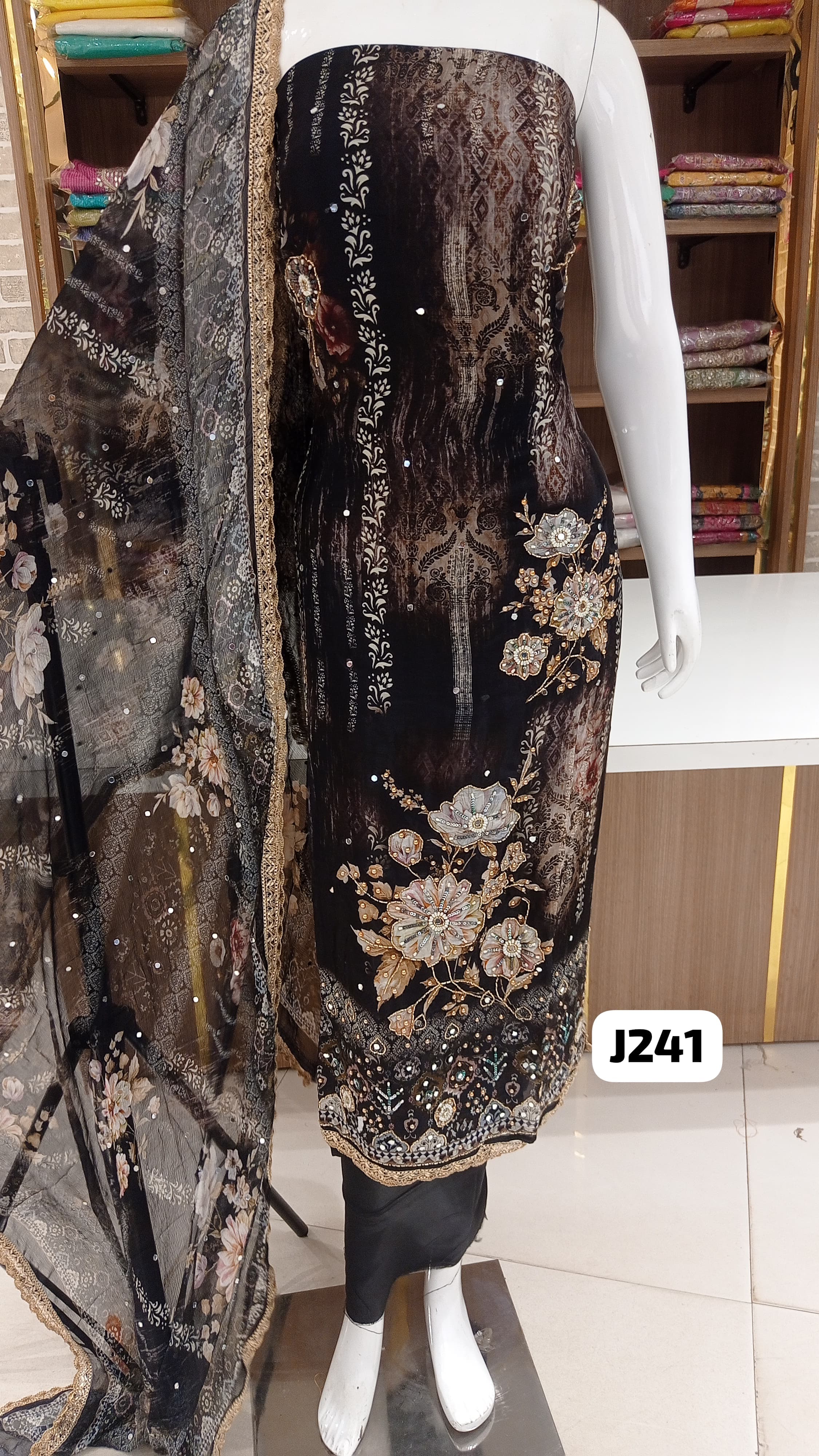 soft silk dress material with beautiful pearl work