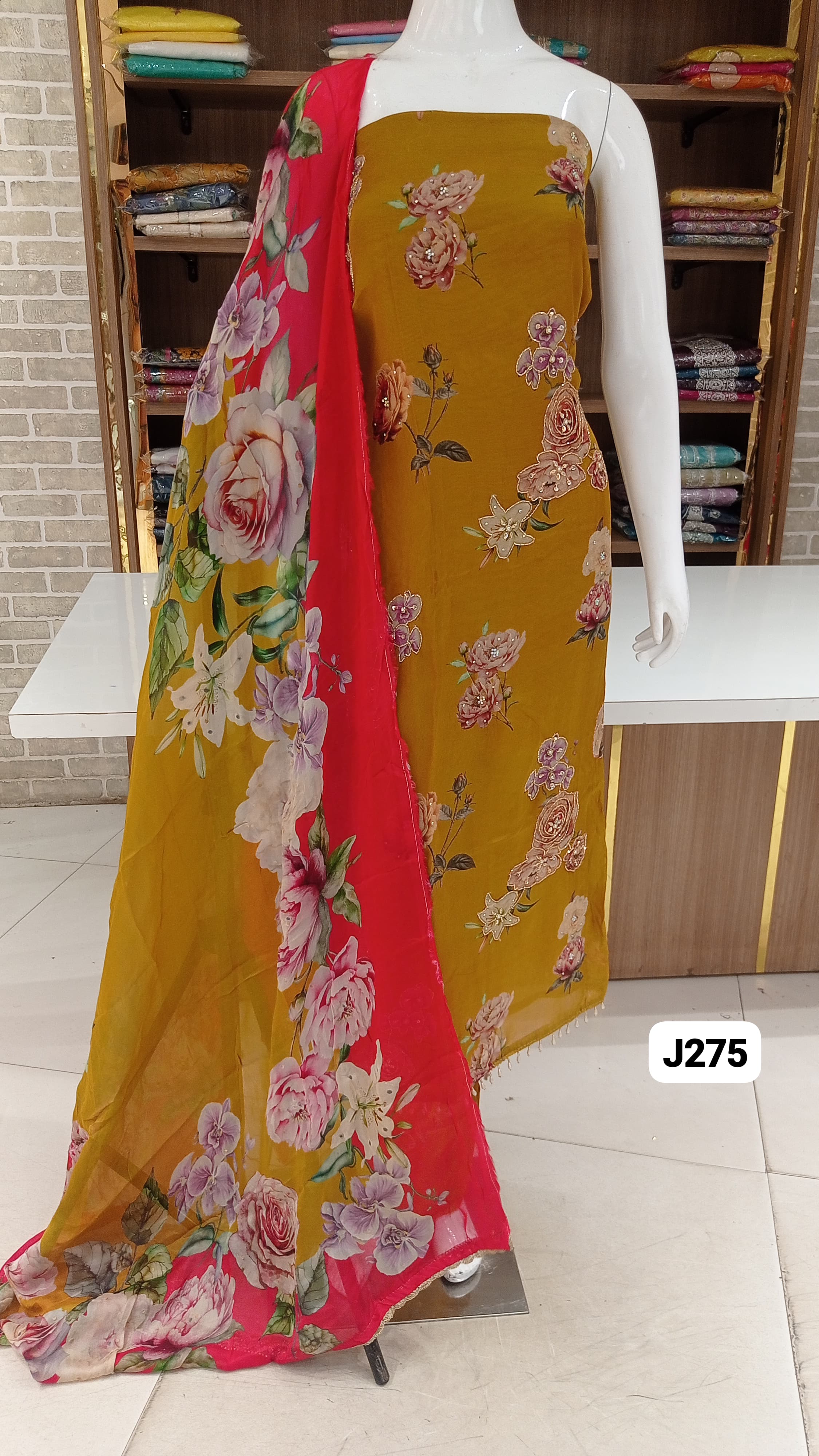 Imported Burberry dress material with beautiful print ,outline work 