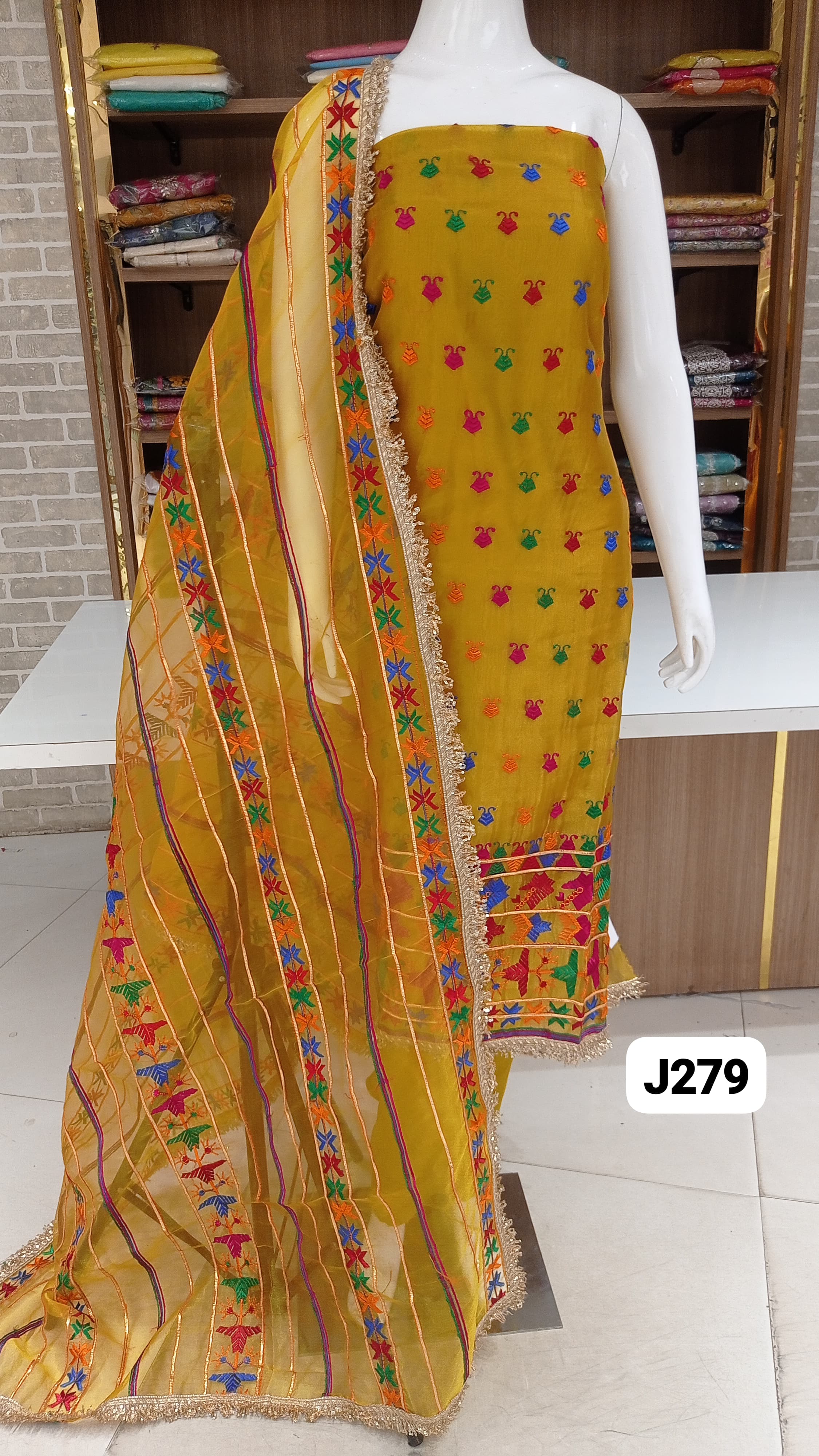 Imported soft Organza beautiful lace work with beautiful phulkari style embroidery 