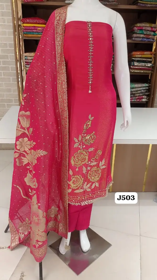 Imported premium pure soft shimmer silk with beautiful handwork neck line work