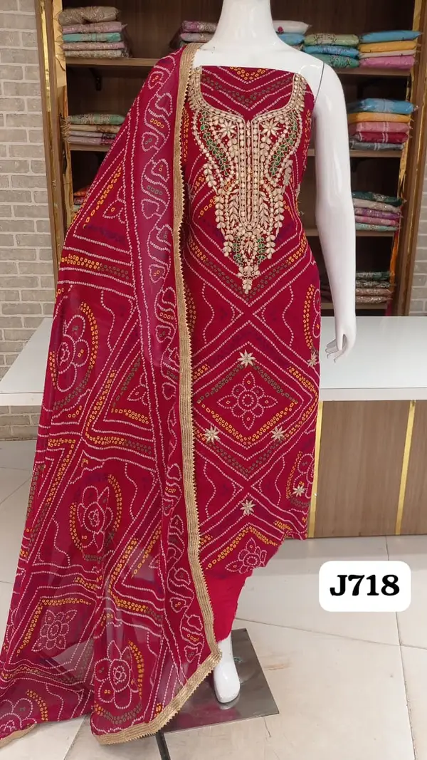Georgette jaipuri print with beautifull heavy neck work