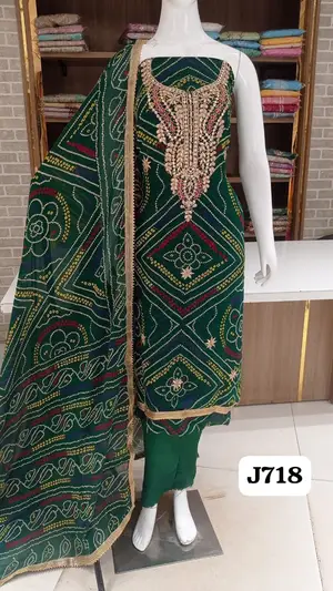 Georgette jaipuri print with beautifull heavy neck work