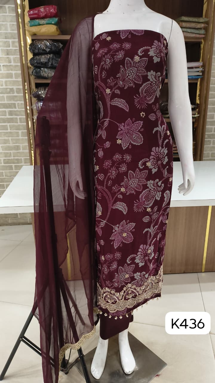 Soft silk beautiful print with cut dana work at full border