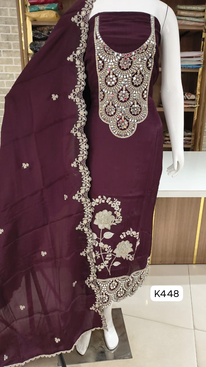 Soft silk premium party wear suits with beautiful neck and front hand work 