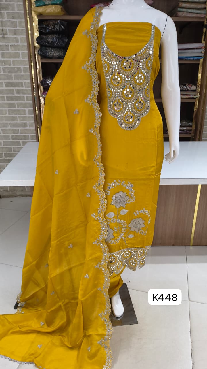 Soft silk premium party wear suits with beautiful neck and front hand work 