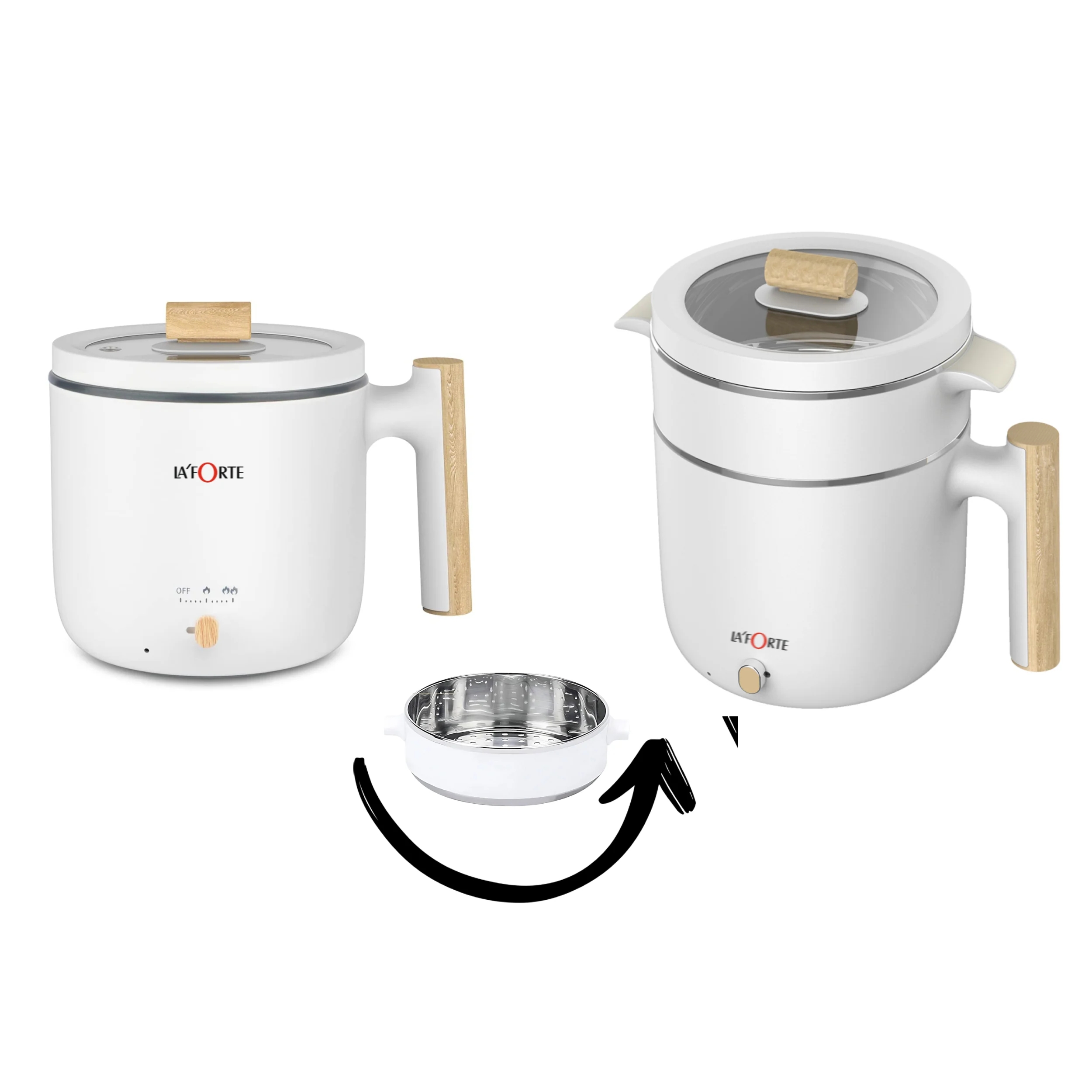LA' FORTE Multi Cook kettle with Steamer and Egg Boiling Tray Food Grade 304 SS Interior, Double Wall Cool Touch