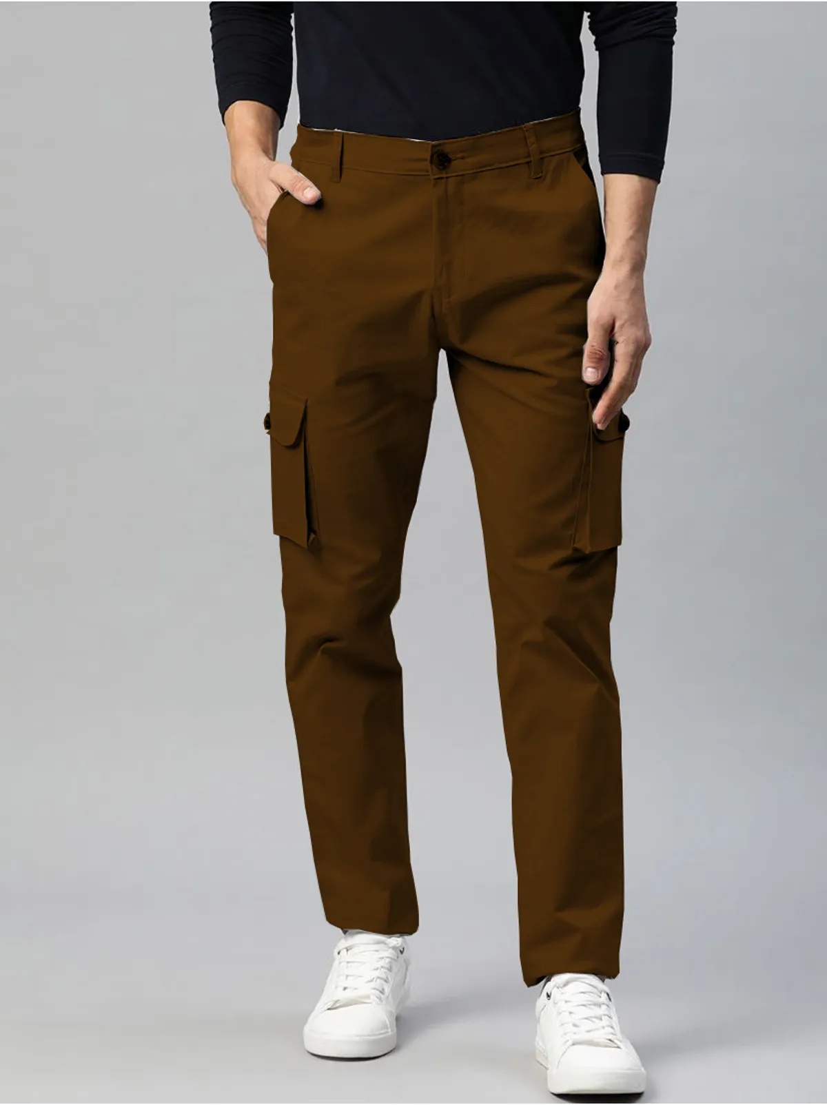 Khaki Cotton Blend Solid Mens Cargo
