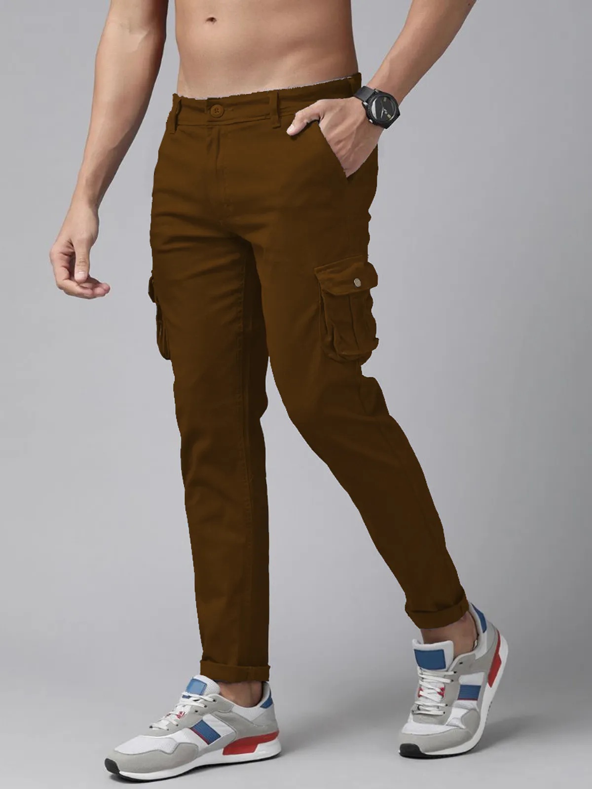Khaki Cotton Blend Solid Mens Cargo