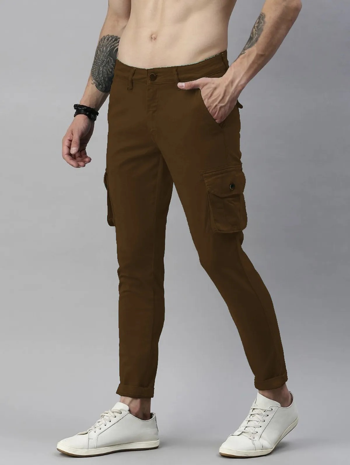 khaki Cotton Blend Solid Mens Cargo