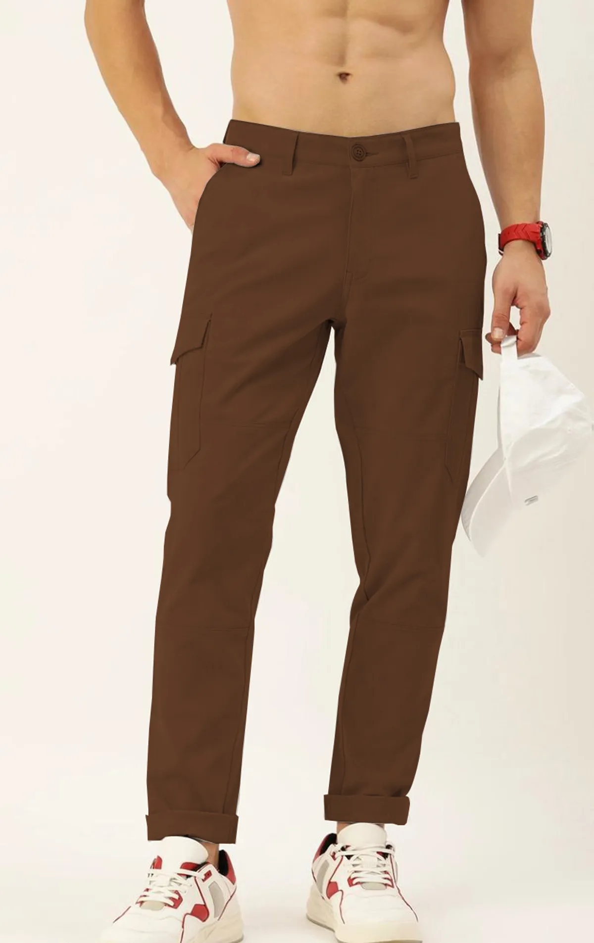 Khaki Cotton Blend Solid Mens Cargo