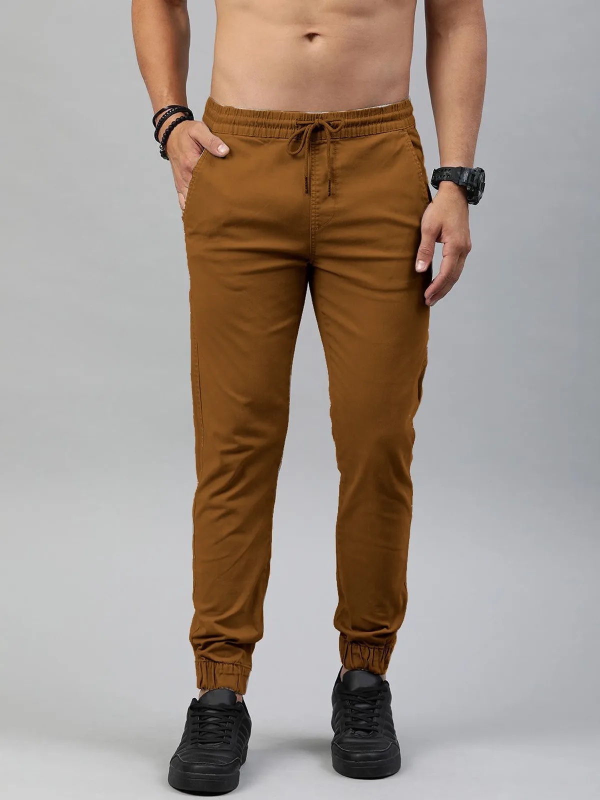 Khaki Cotton Blend Solid Men’s Slim Fit Joggers