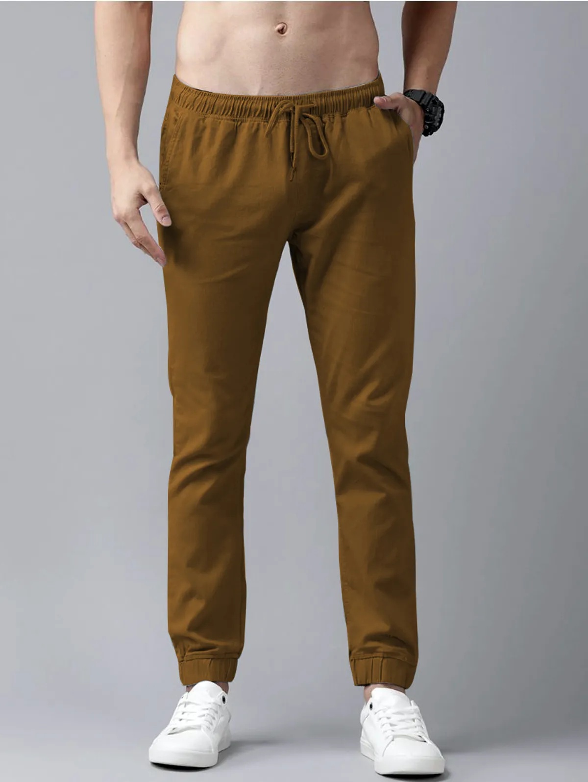 Khaki  Cotton Blend Solid Mens slim fit Joggers