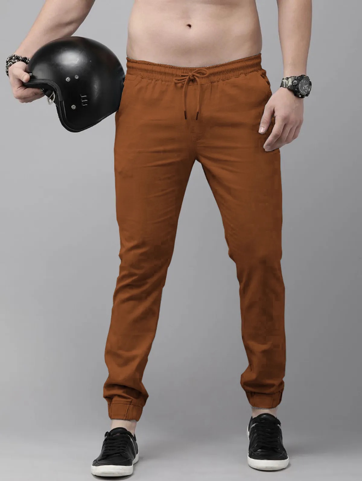 Khaki Cotton Blend Solid Mens Joggers