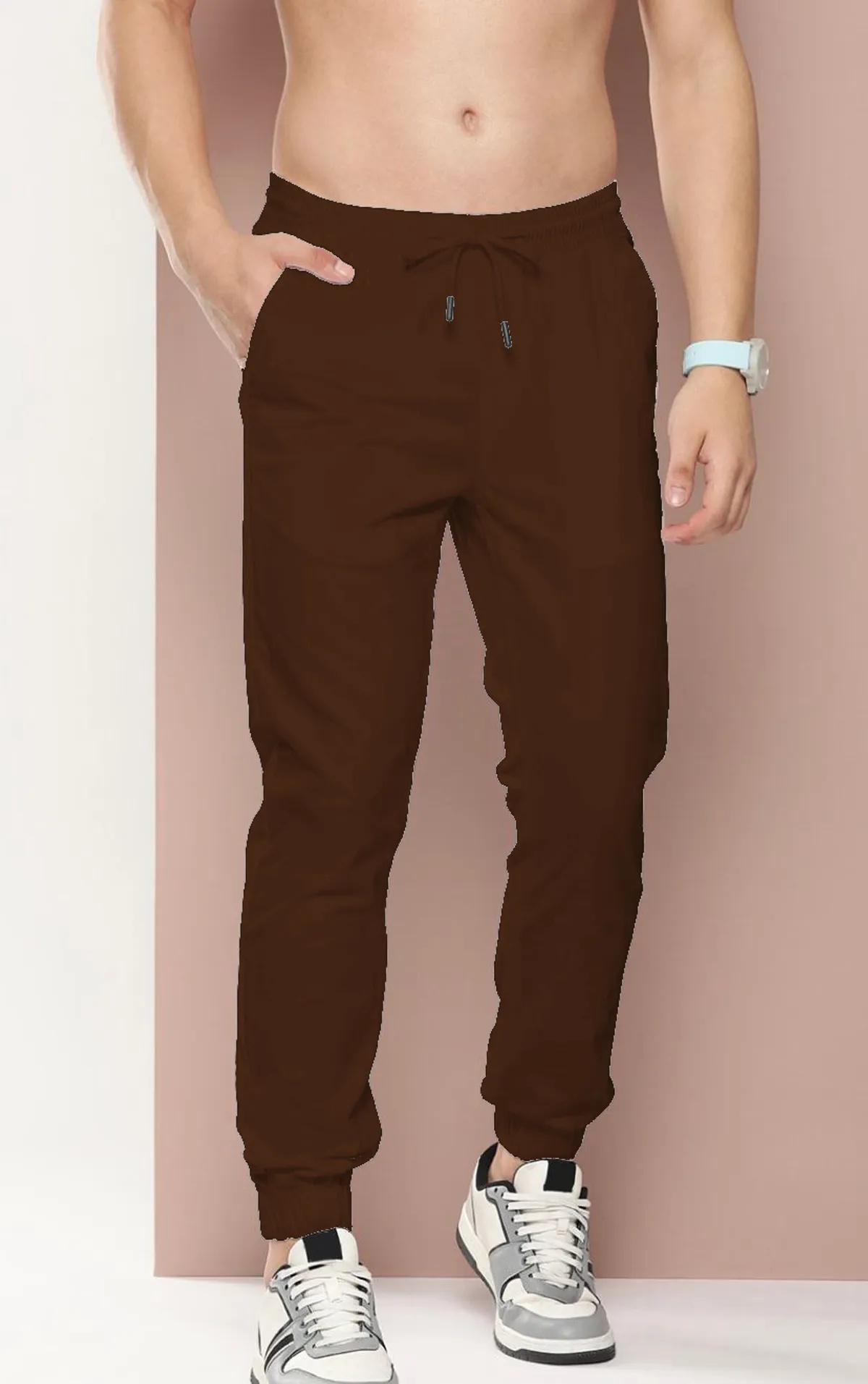 Khaki Cotton Blend Solid Men’s Slim Fit Joggers