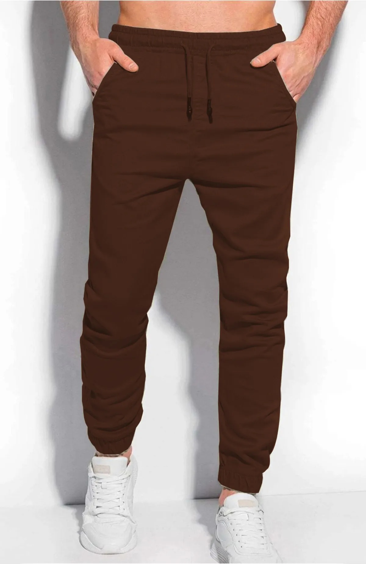 Khaki Cotton Blend Solid Mens Slim Fit Joggers