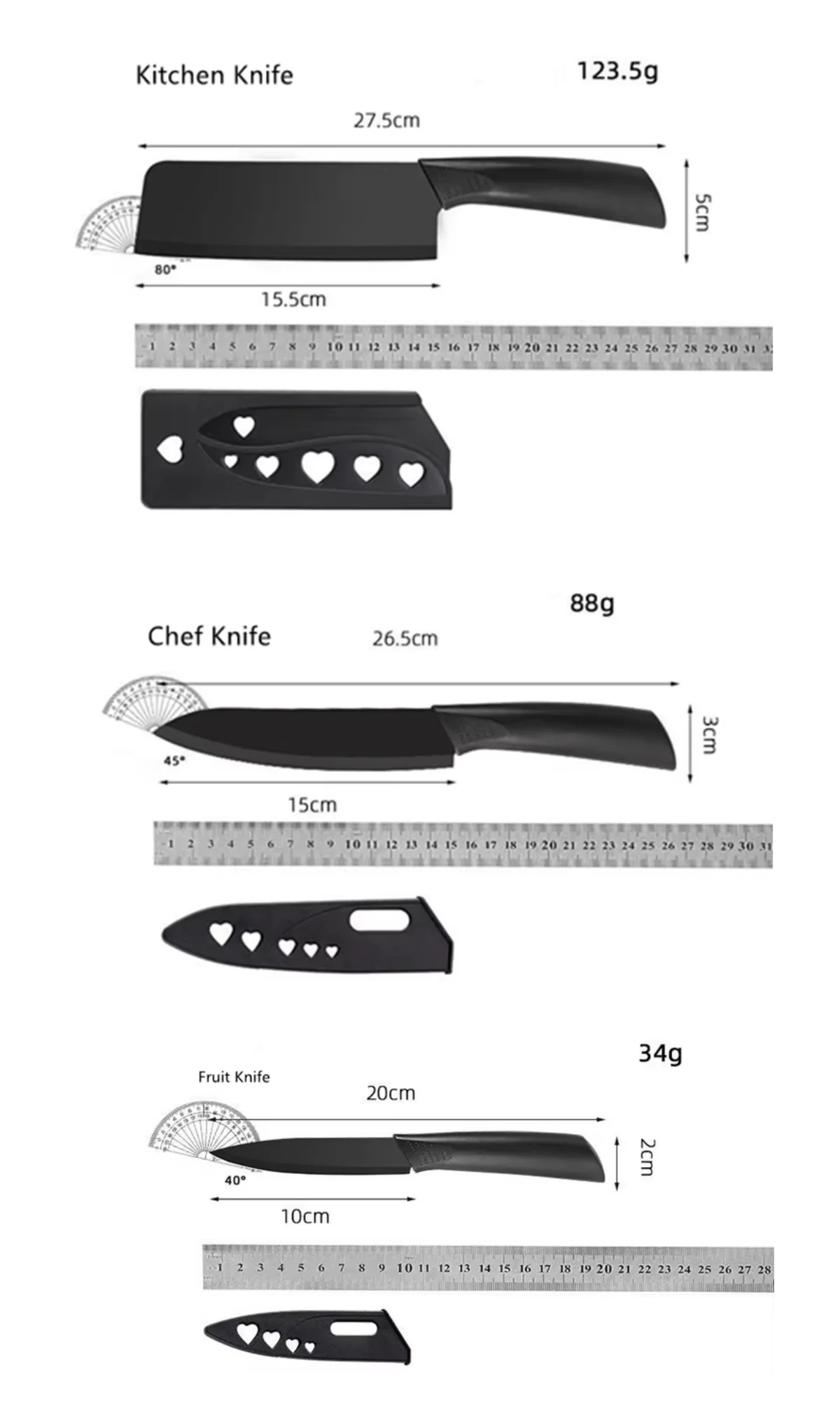3-Piece Multipurpose Knife Set with Sheaths – Kitchen, Chef, and Fruit Knives