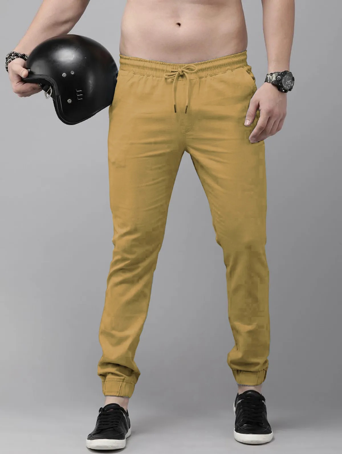 Cream Cotton Blend Solid Mens Joggers