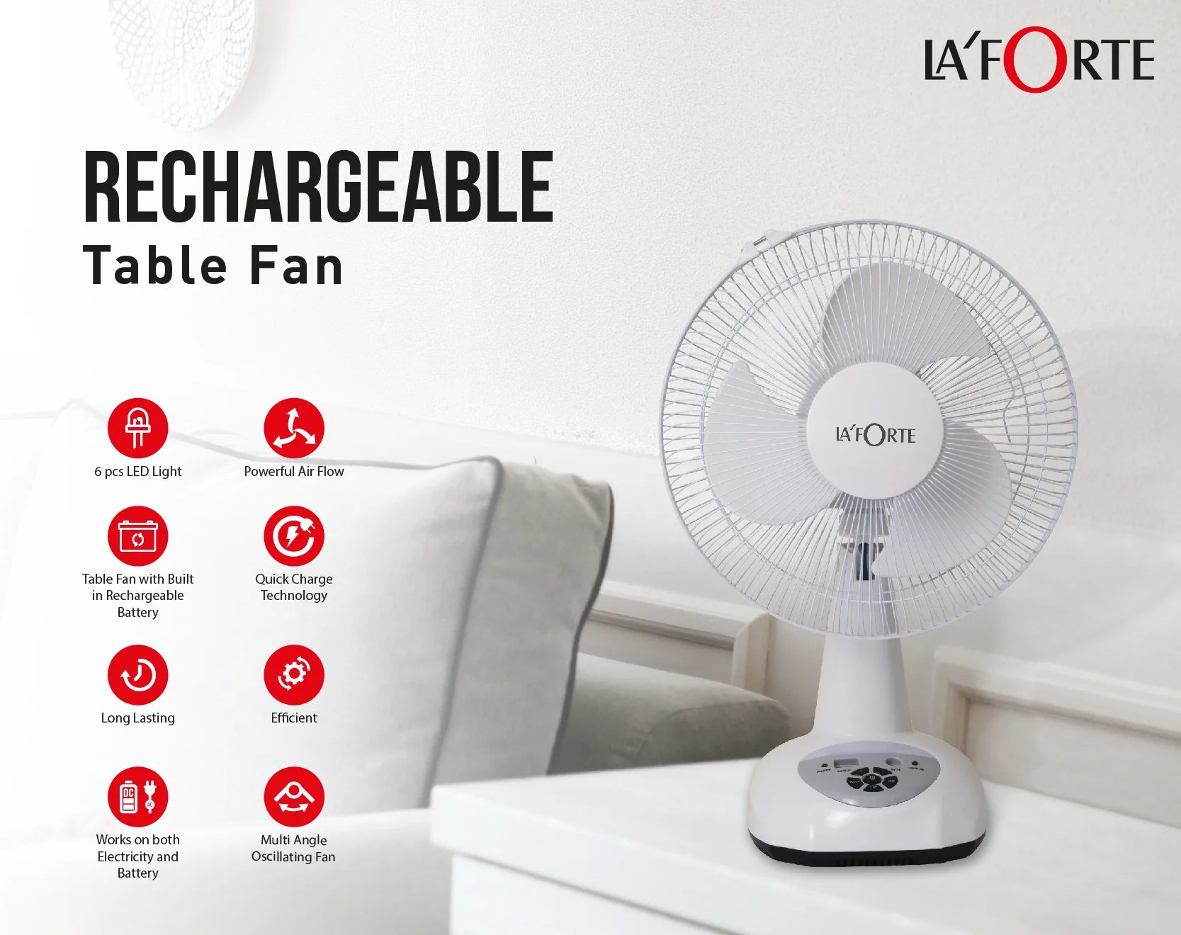 La'Forte Rechargeable Table Fan (14 Inches) with LED Light
