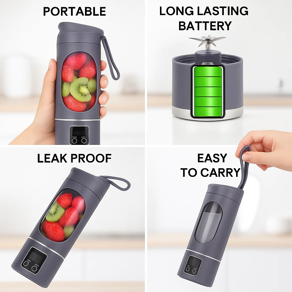 Portable USB Juicer Blender – 450ml, 1500mAh Rechargeable Battery, 18000 RPM, BPA-Free, 3 Programs, Stainless Steel Blades – Smoothies, Juices, Protein Shakes