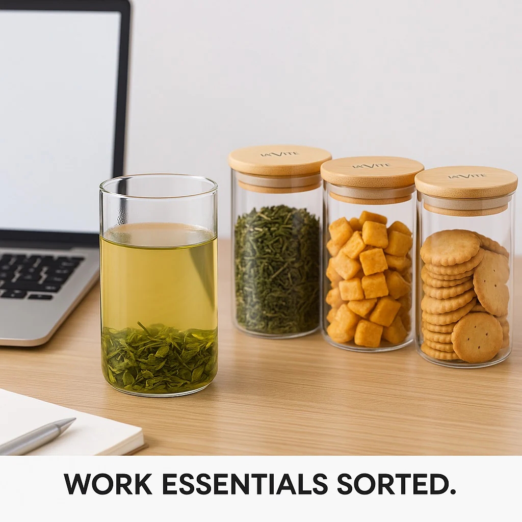 LA' VITE 3-Piece Multipurpose Borosilicate Glass Jar Set with Bamboo Lid | 320ml Airtight Storage Containers for Kitchen, Pantry & Beverage Use