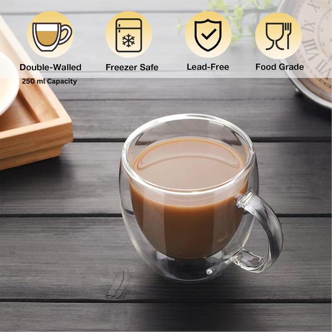 250ml Double-Walled Borosilicate Glass Cups | Transparent Insulated Coffee Mugs for Hot & Cold Beverages (Set of 2)