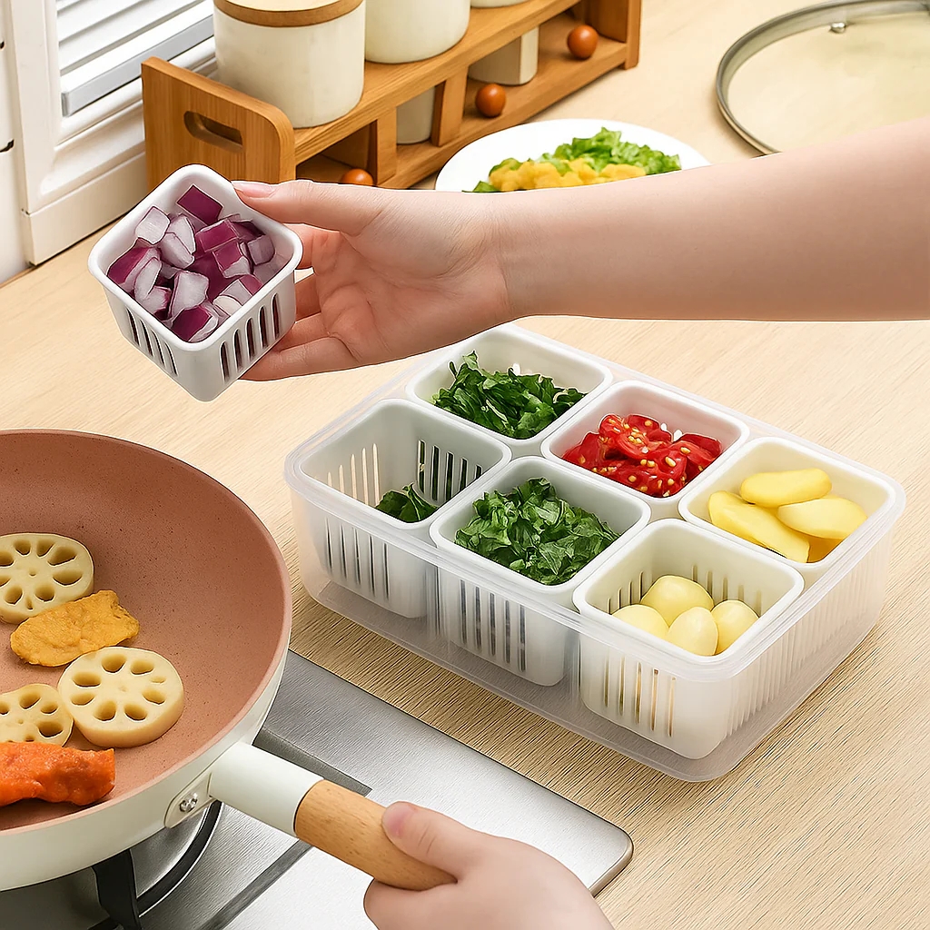 Durable Plastic Kitchen Storage Container Set with Drain Baskets | Multipurpose Fridge & Freezer Organizer Box | Masala, Vegetables & Dry Goods Storage | Airtight & Easy to Clean