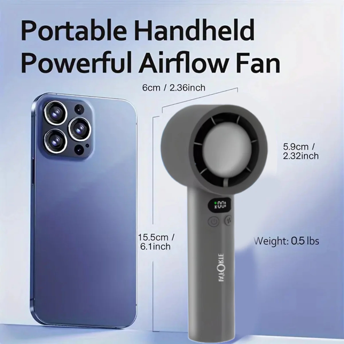LA' FORTE Fairy Flow Mini Fan | 100 Speed Levels | Digital Display | USB-C Rechargeable | Portable & Compact | Gray