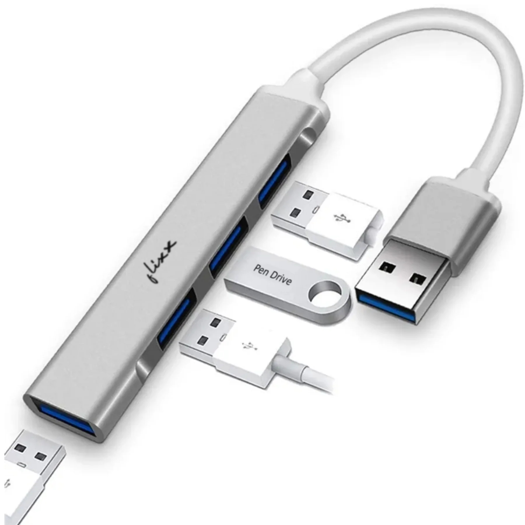 Flixx USB-A Hub | 4-Port USB 3.0 High-Speed Data Hub | Expand Connectivity for Laptops & PCs