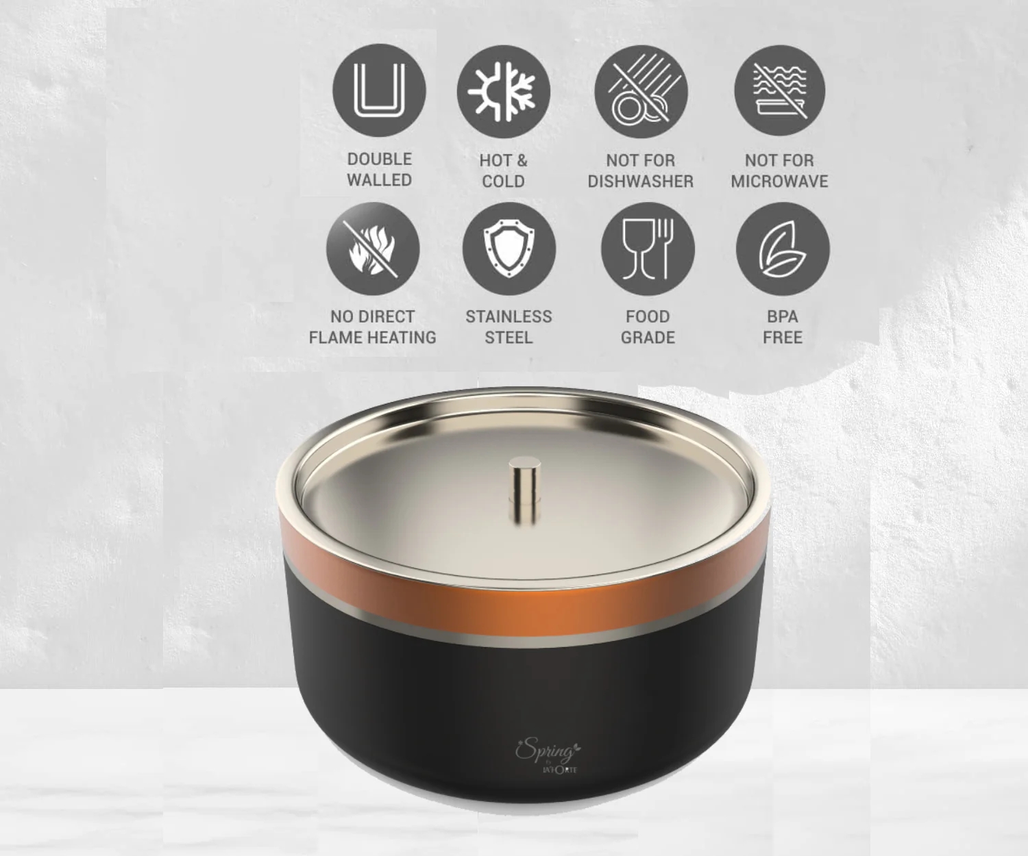 Double Wall Stainless Steel Casserole with Lid | 1200ml Capacity (1700ml Without Lid) | Food-Grade Steel | Multipurpose Serving Bowl | Black & Beige